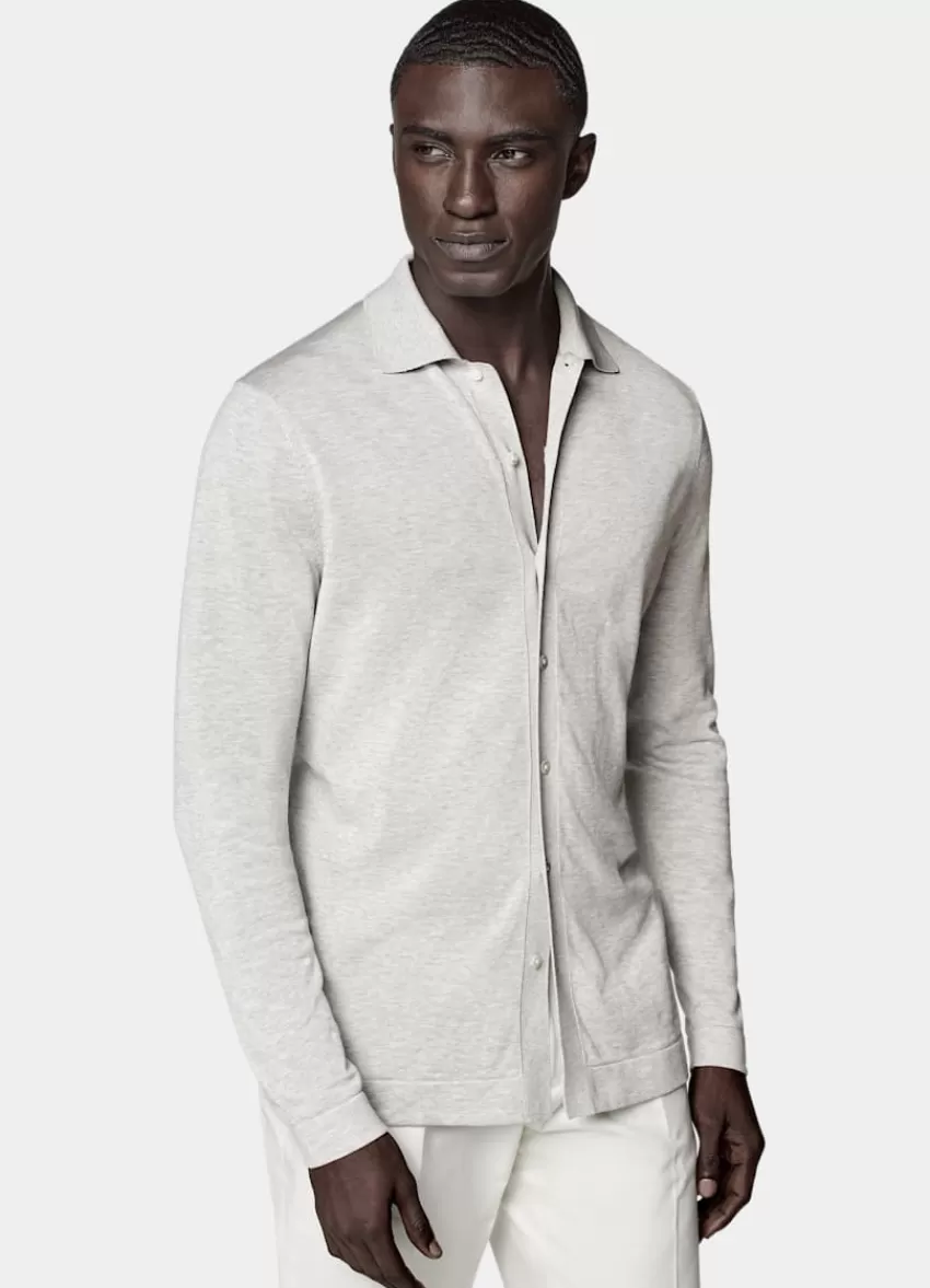 Suitsupply Polo-Cardigan Hellgrau Langarm Aus Kalifornische Baumwolle Und Maulbeerseide | Deutschland New