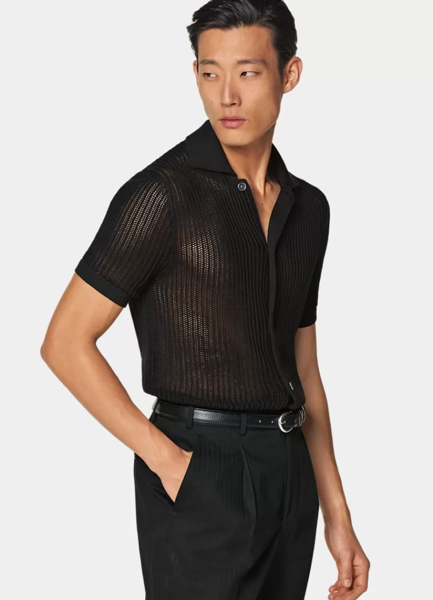 Suitsupply Polo-Cardigan Schwarz Crochet Aus Kalifornische Baumwolle Und Maulbeerseide | Deutschland Cheap